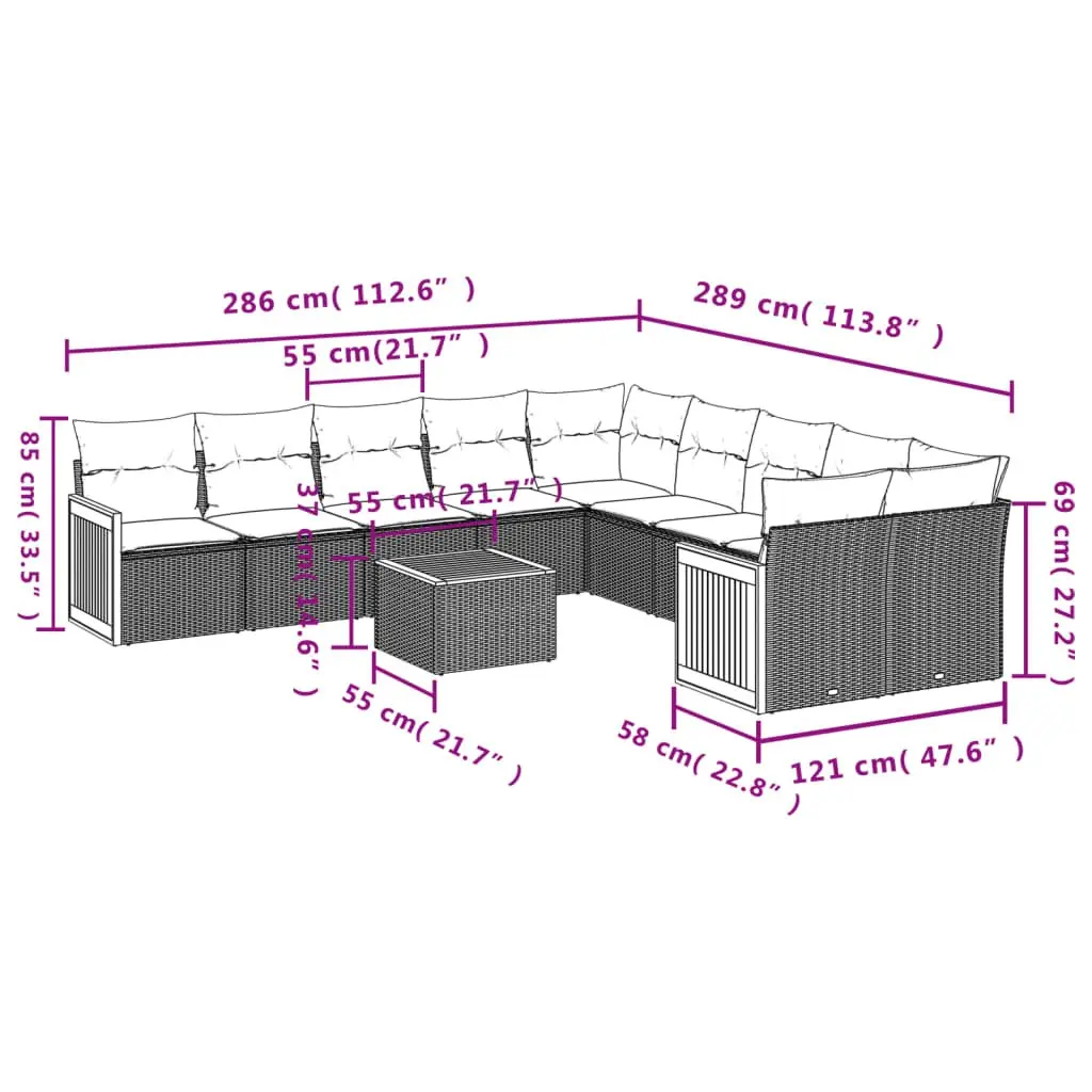 Garden Sofa Set 11 Piece Outdoor Furniture Beige Patio with Cushions Table