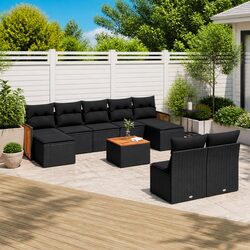 Comfortable Black Rattan 10-Piece Garden Sofa Set with Cushions