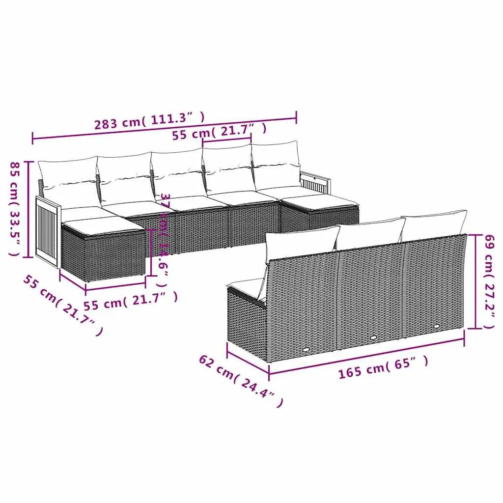 Garden Sofa Set 10 Piece Outdoor Furniture Patio Black Modular Rattan Seating
