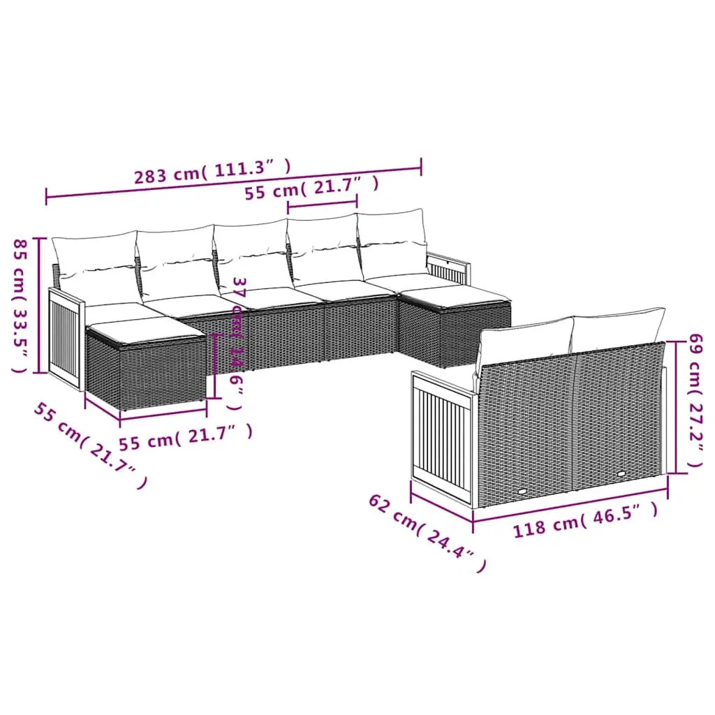 Garden Sofa Set 9 Piece Outdoor Furniture Patio Sectional with Cushions Black