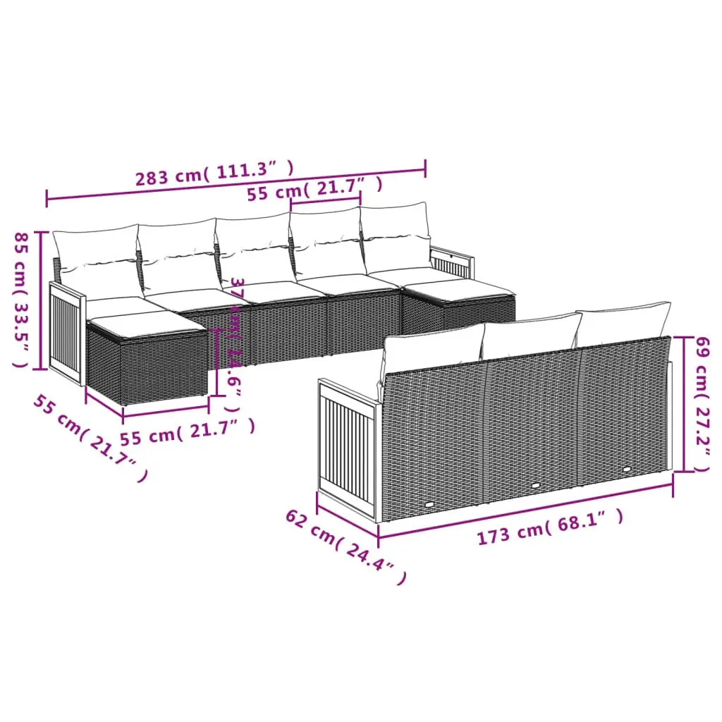 Garden Sofa Set 10 Piece Outdoor Furniture Patio Seating Grey Cushioned Modular