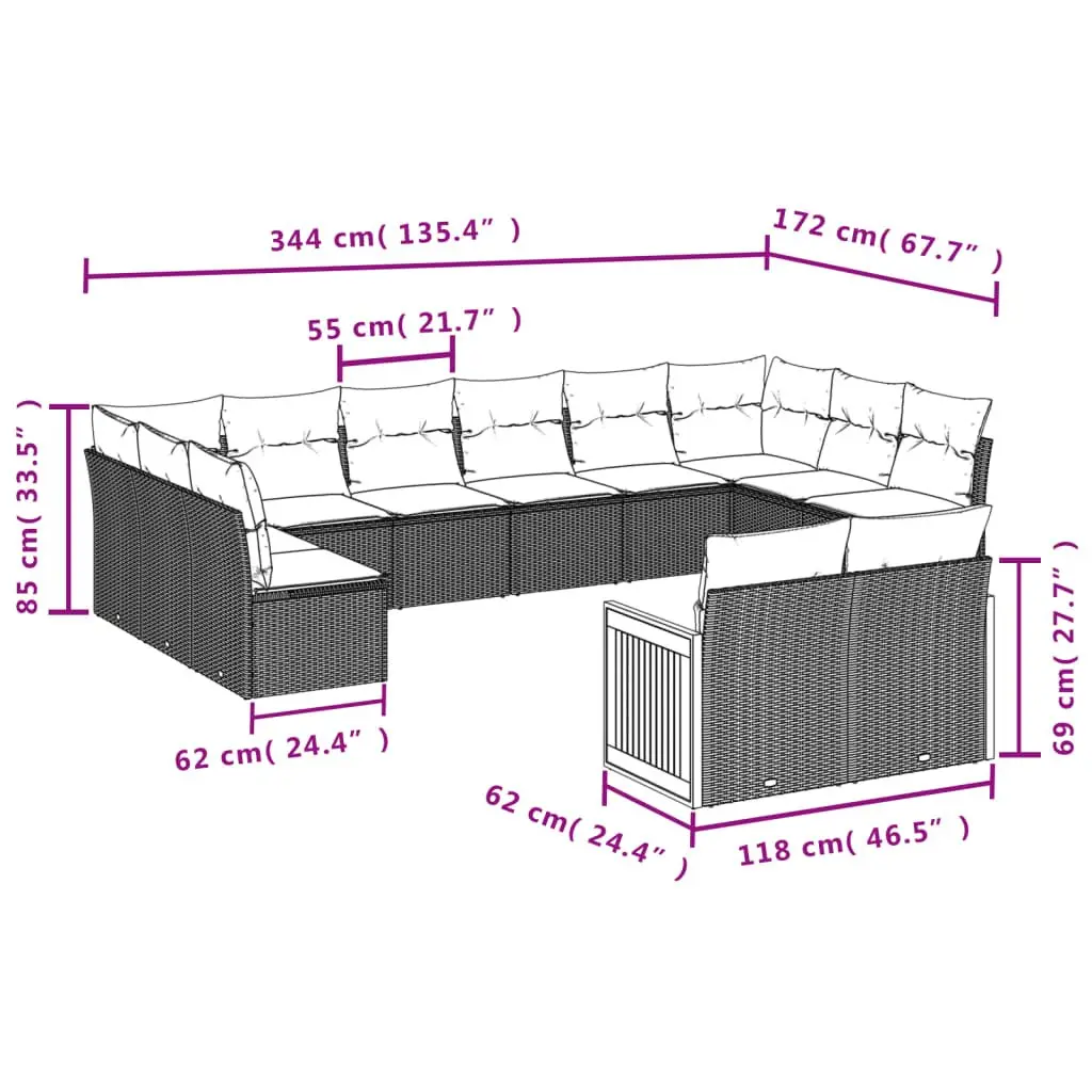 Garden Sofa Set 12 Piece Outdoor Furniture Modular Patio Seating with Cushions