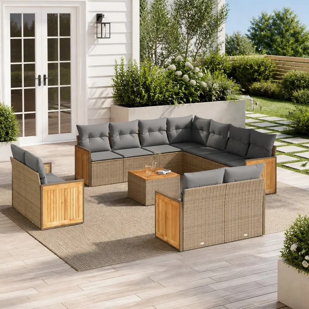 Garden Sofa Set 12 Piece Outdoor Furniture Modular Beige PE Rattan Patio