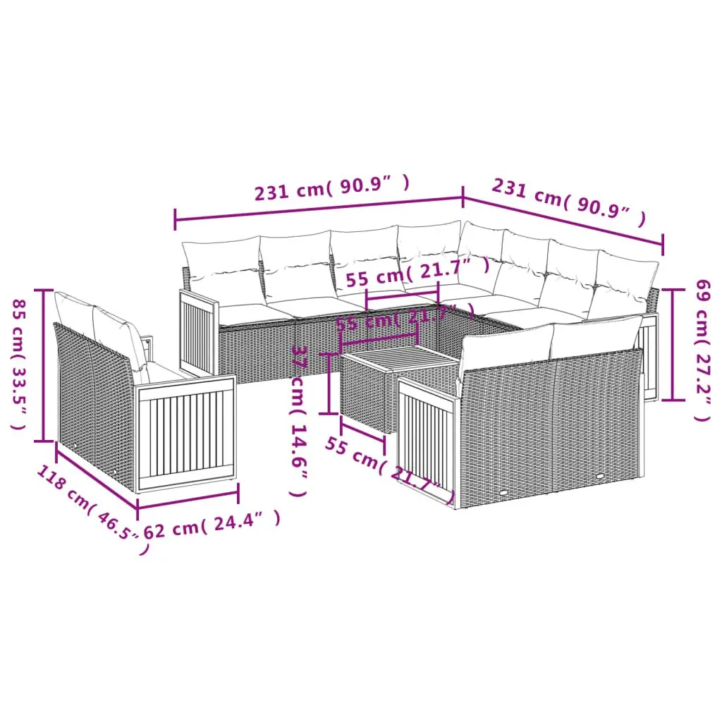 Garden Sofa Set 12 Piece Outdoor Furniture Modular Beige PE Rattan Patio