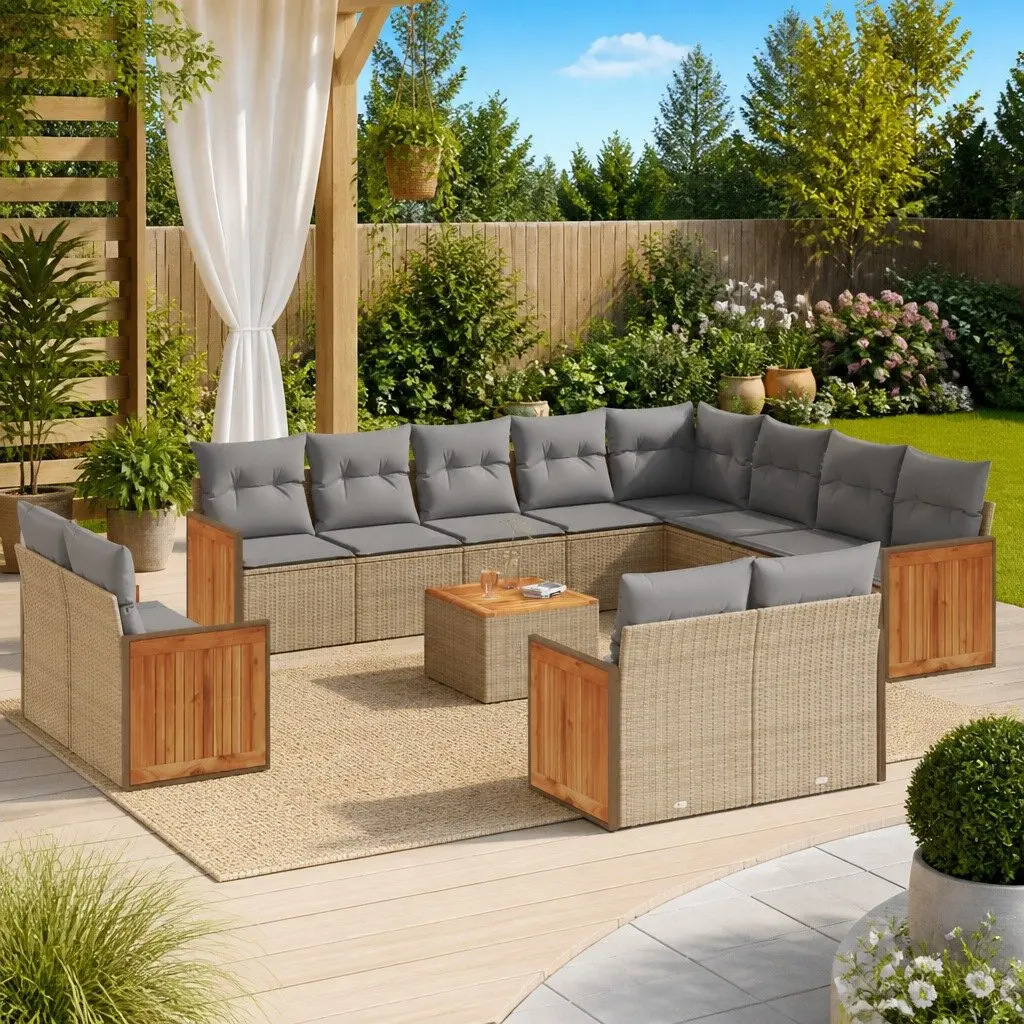Outdoor Furniture Set 13 Piece Modular Sofa Beige Poly Rattan with Cushions for Patio Garden