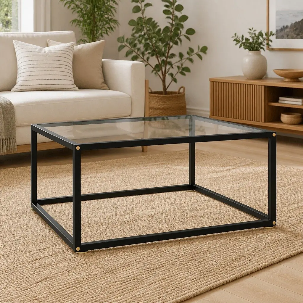 Black Coffee Table Tempered Glass Top Steel Frame Living Room Furniture