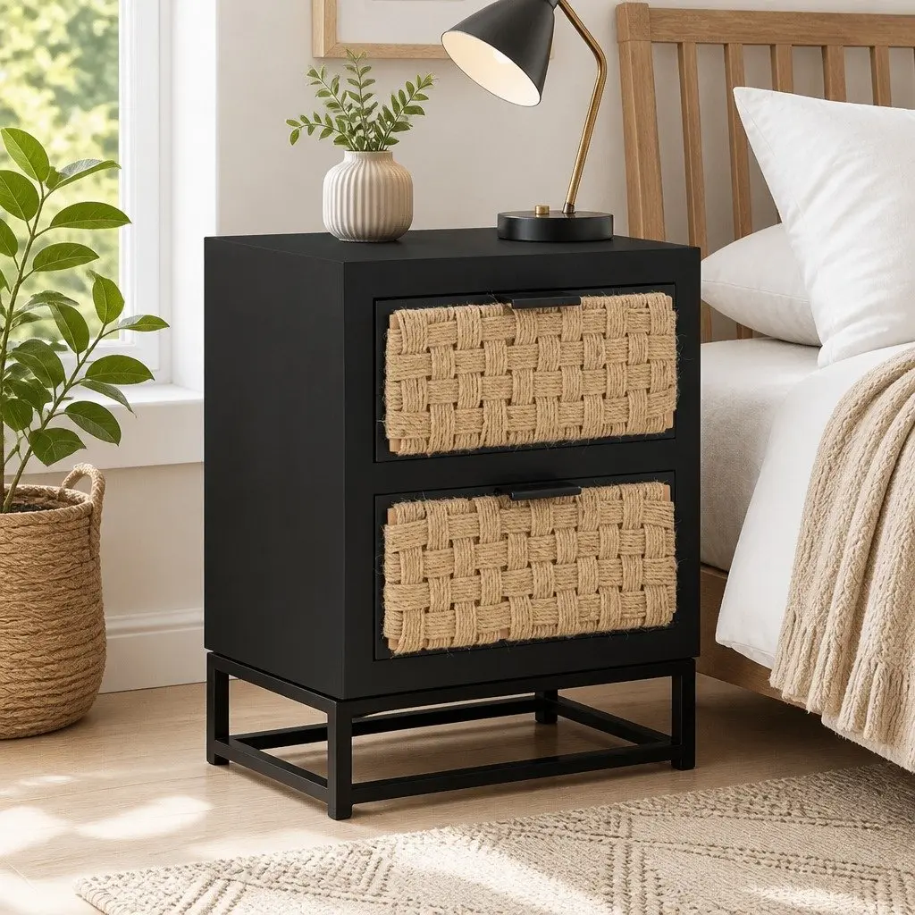 Bedside Cabinet Nightstand 40x30x50 cm Two Drawer Black Wood Storage
