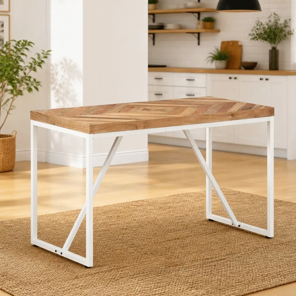 Dining Table 120x60x76 cm Solid Acacia Mango Wood Chevron Mosaic Design Kitchen