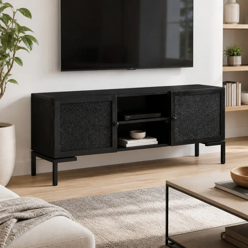 TV Cabinet Black Solid Wood Media Unit Storage Shelves Doors Living Room