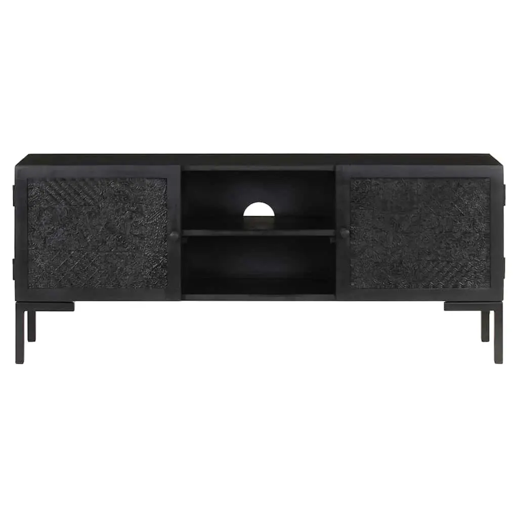 TV Cabinet Black Solid Wood Media Unit Storage Shelves Doors Living Room