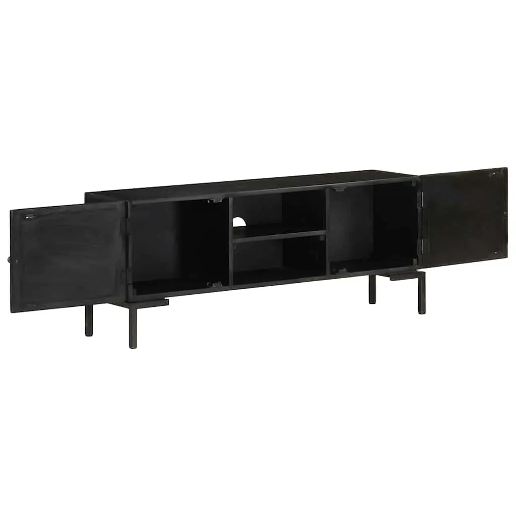 TV Cabinet Black Solid Wood Media Unit Storage Shelves Doors Living Room