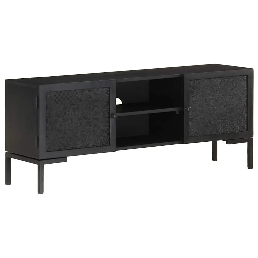 TV Cabinet Black Solid Wood Media Unit Storage Shelves Doors Living Room