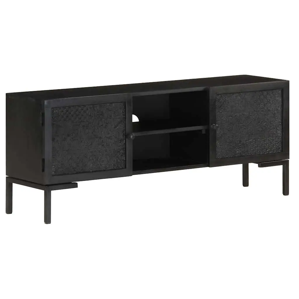 TV Cabinet Black Solid Wood Media Unit Storage Shelves Doors Living Room
