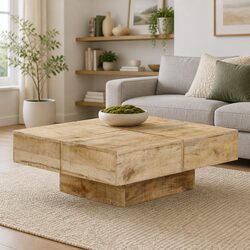 Functional Coffee Table in Solid Mango Wood, Brown Finish