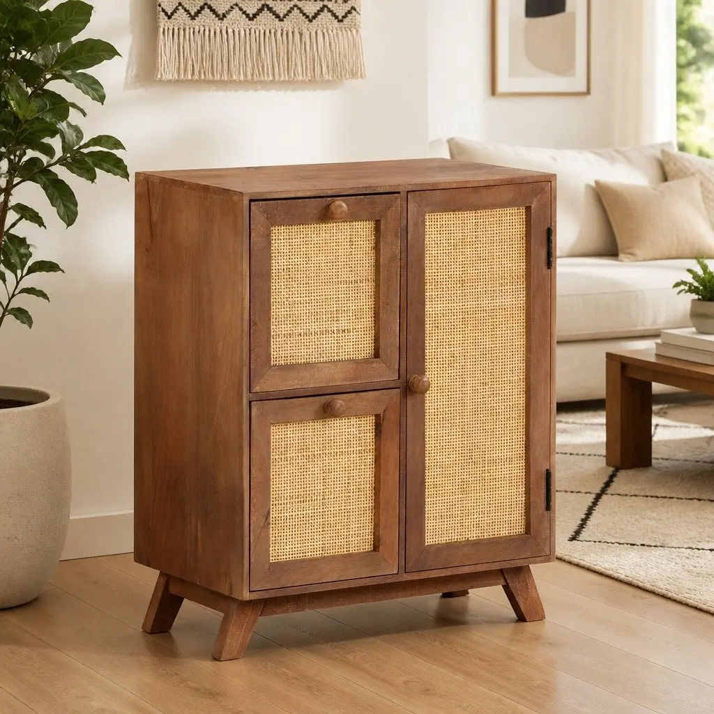 Solid Mango Wood Sideboard Brown Storage Cabinet with Drawers and Door