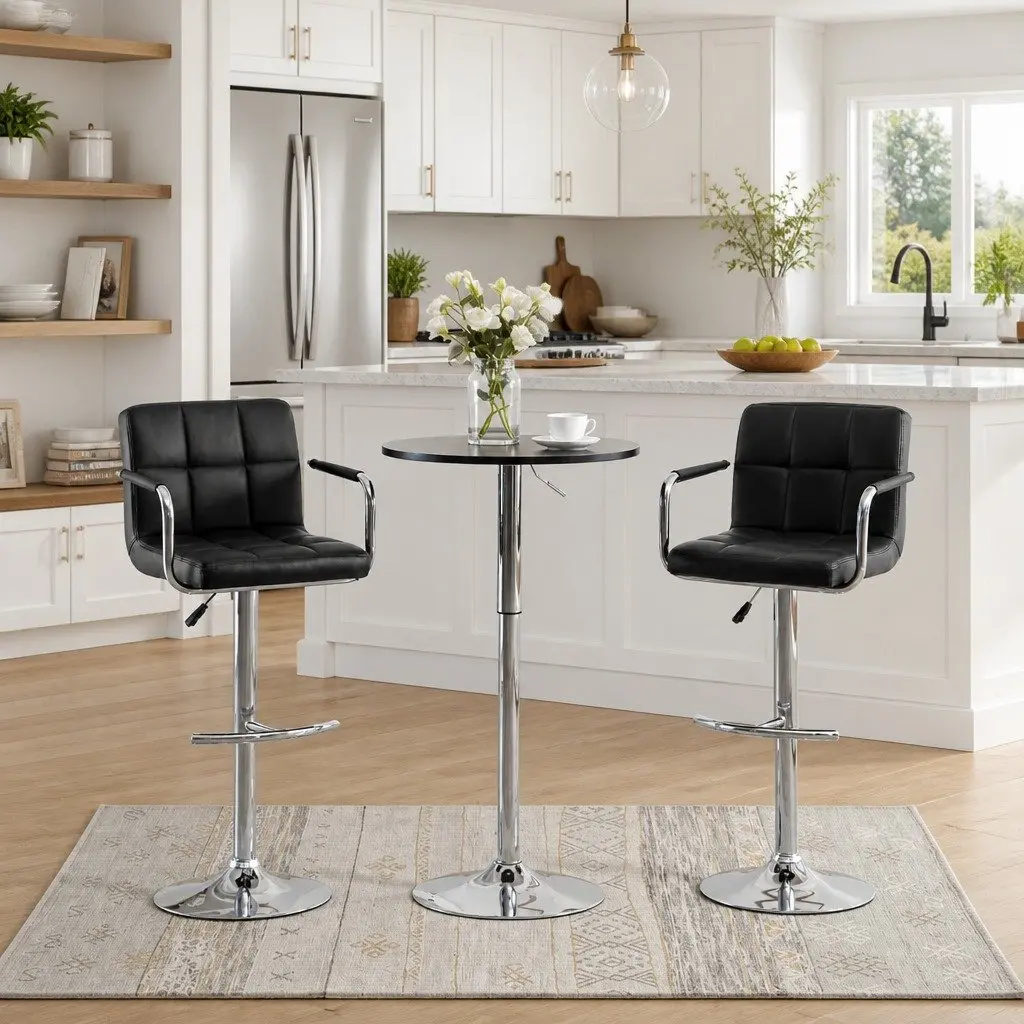Bar Stools Set Adjustable Height Black Faux Leather 2 Piece