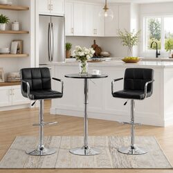 Bar Stools Set 2 pcs Black Faux Leather Adjustable Height Gas Lift Kitchen