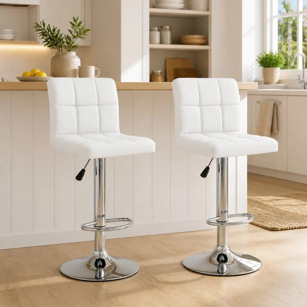 Bar Stools Adjustable Height 2 Piece White Faux Leather Chromed Steel