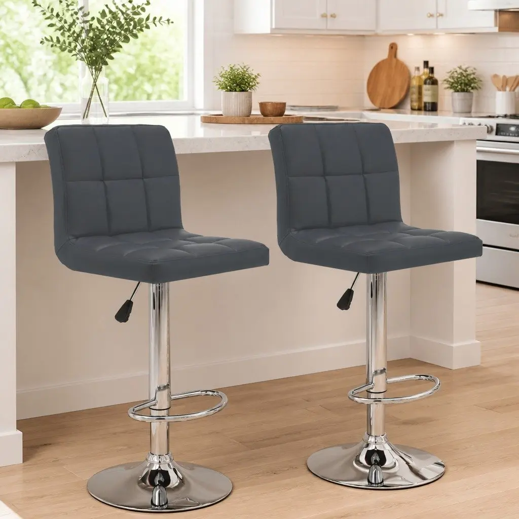 Bar Stools Adjustable Height Grey Set 2 Piece Modern Chair with Footrest