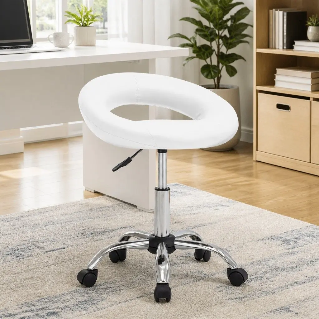 Rolling Office Chair Adjustable Height White Faux Leather Padded Backrest Swivel