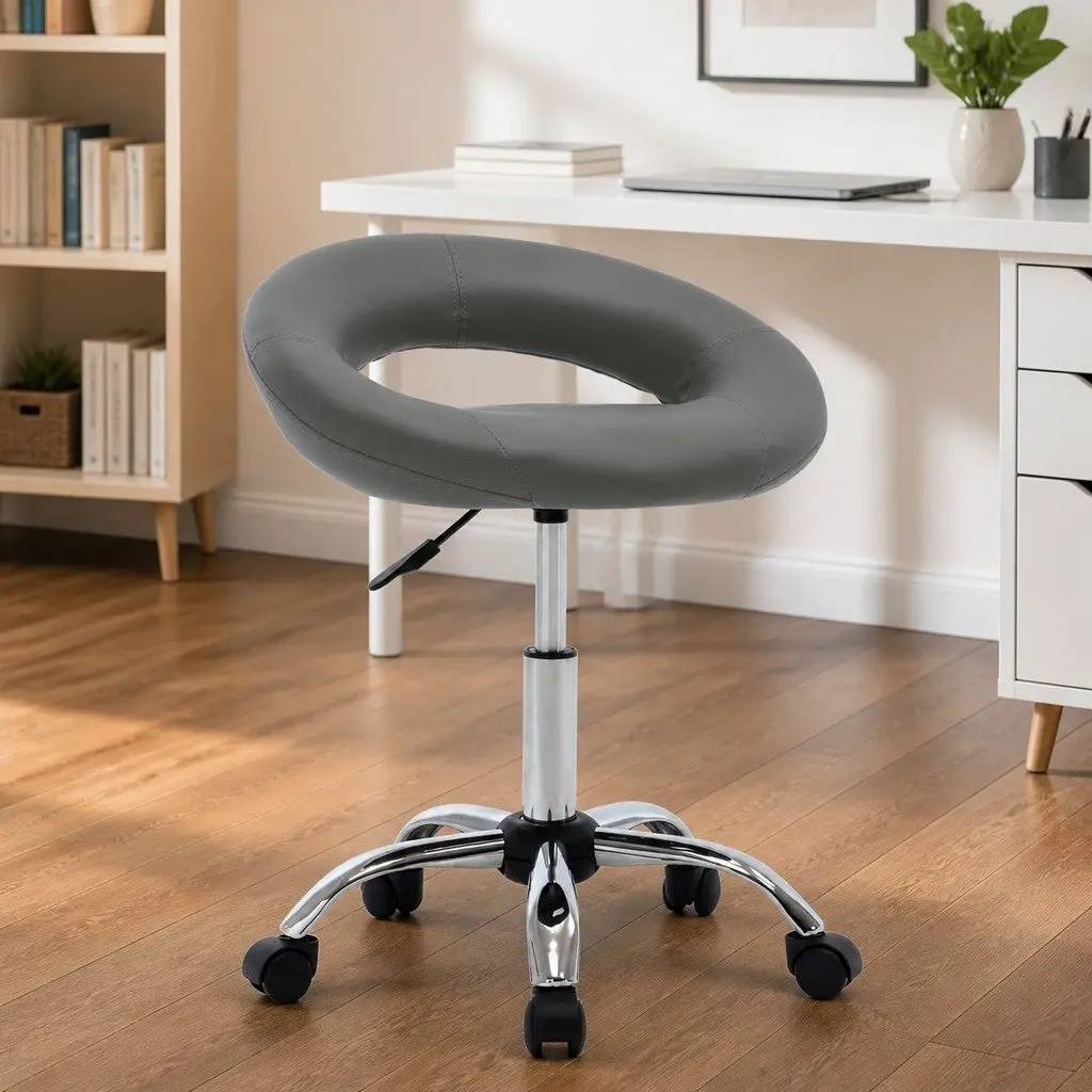 Office Chair Grey Faux Leather Curved Backrest Adjustable Height Rolling Desk