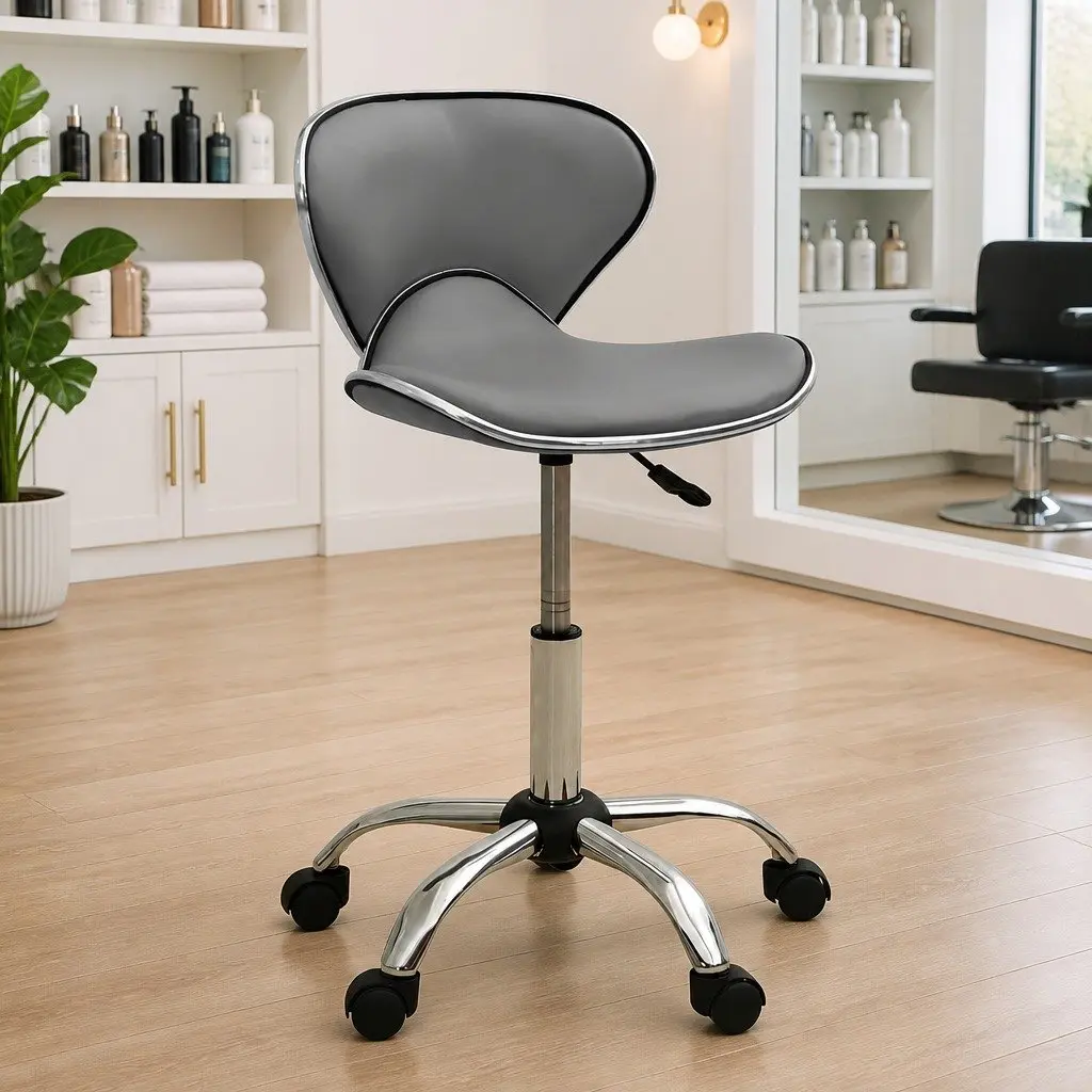 Salon Spa Stool Grey Swivel Chair Height Adjustable Wheels Barber Styling Seat