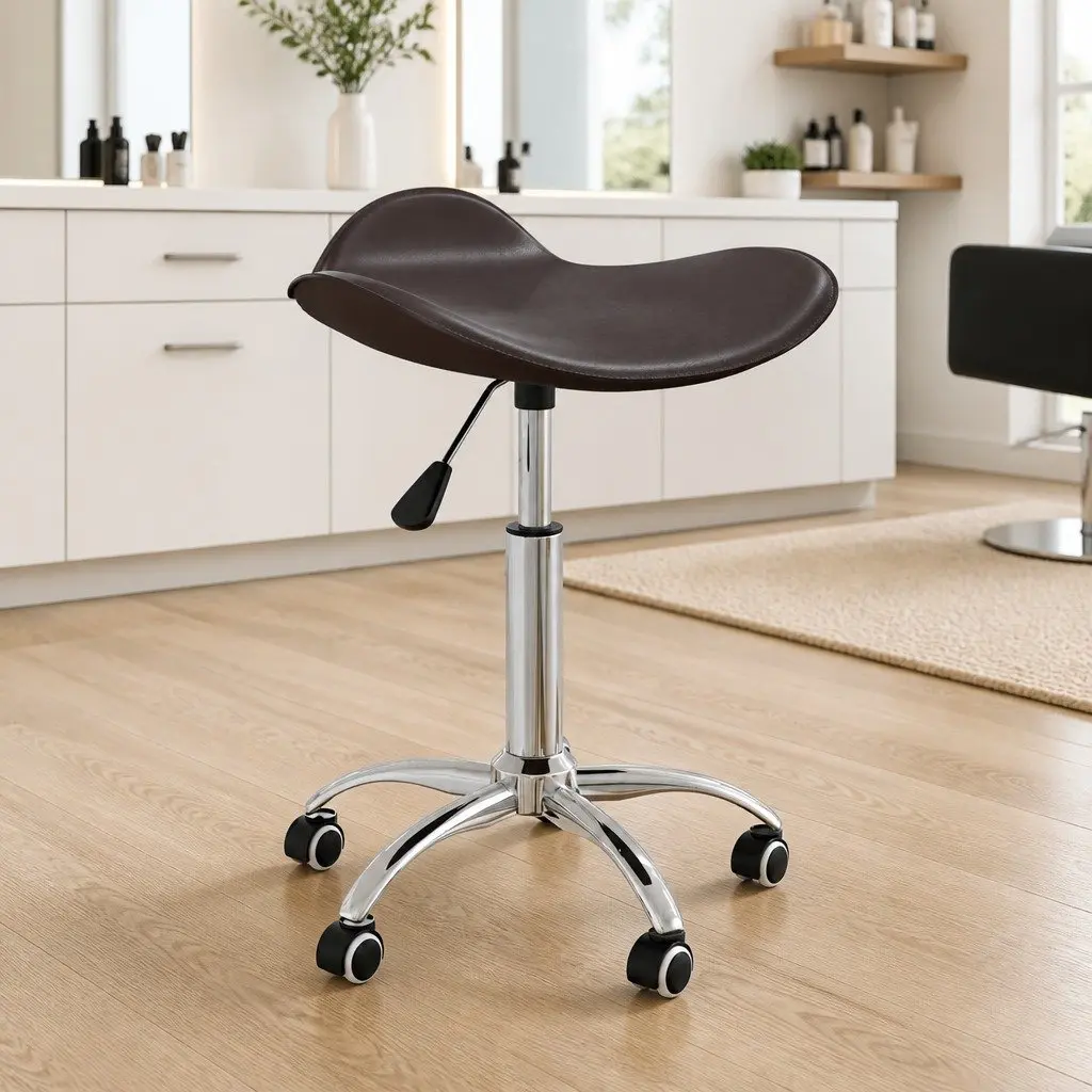 Salon Spa Stool Height Adjustable Swivel Chair Wheels Brown Faux Leather