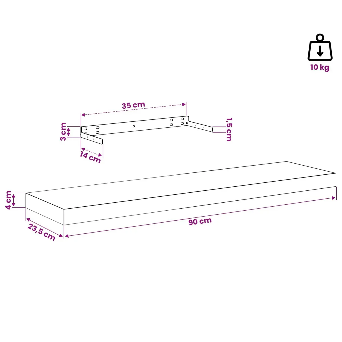 Floating Wall Shelf White Display Ledge Home Decor Organizer 90 x 23.5 x 3.8 cm
