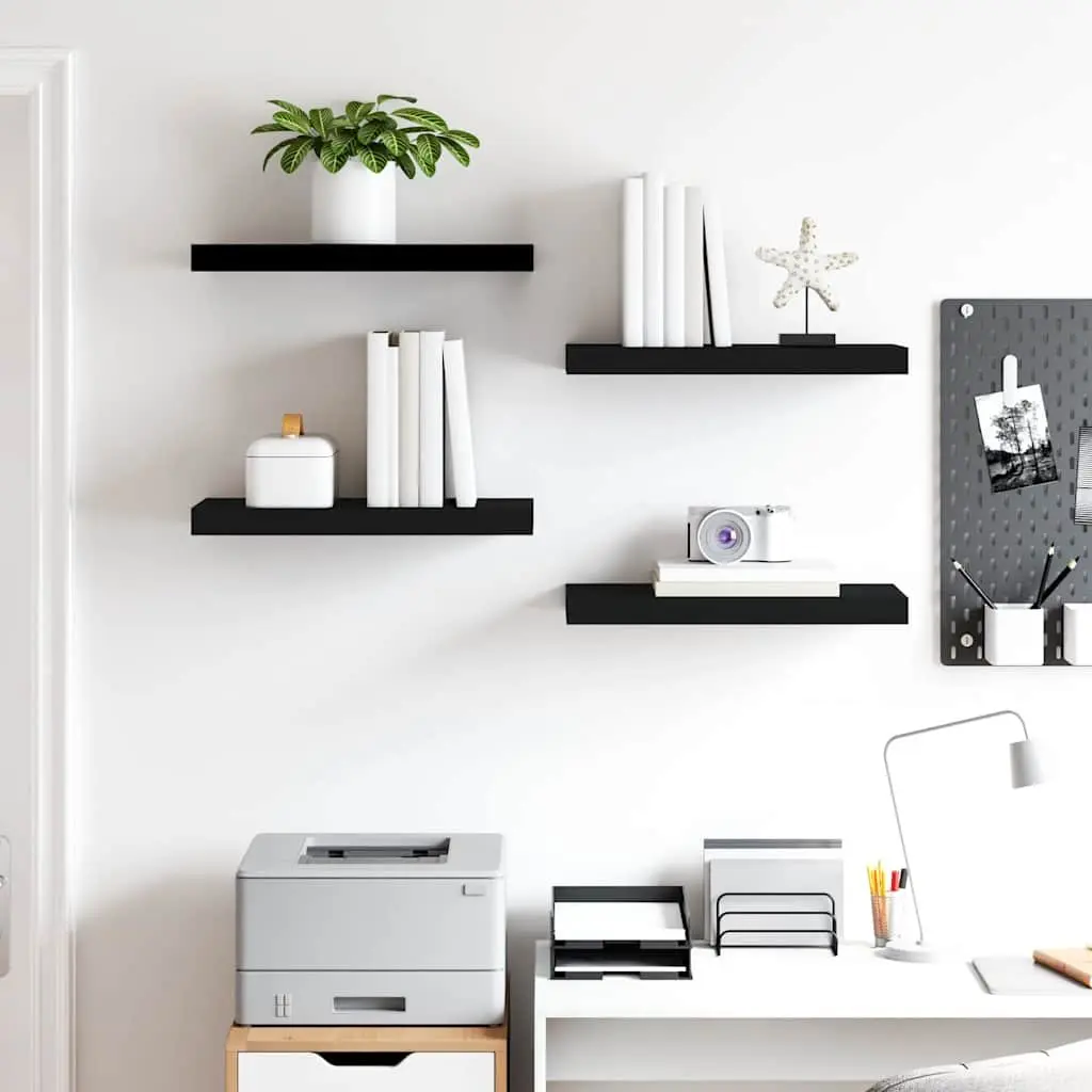 Black Floating Wall Shelves Set 4 Piece Modern Display Home Storage 50x23.5x3.8cm