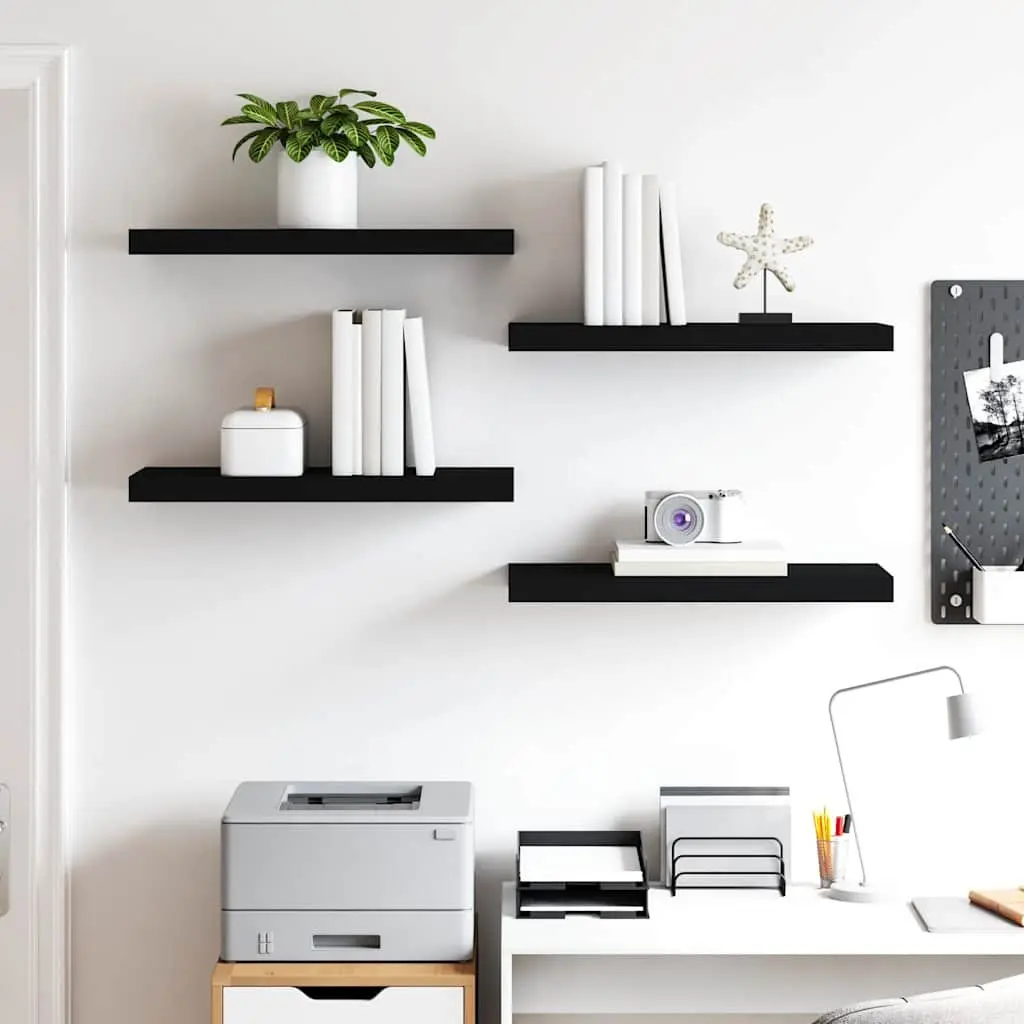 Wall Shelves Floating Display 4 Piece Black MDF Storage Rack Home Decor Organizer