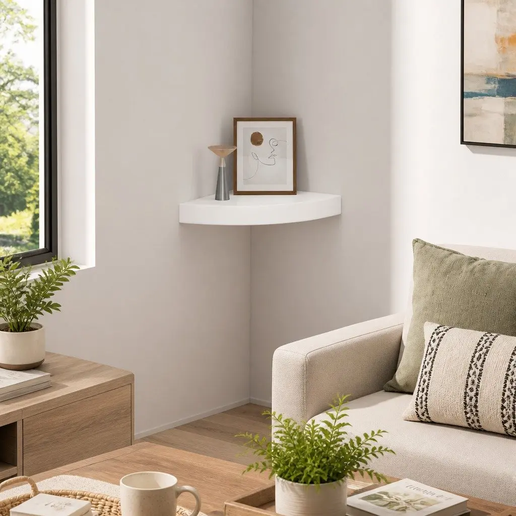 Floating Corner Wall Shelf White High Gloss Display Storage 25x25x3.8cm Home Decor