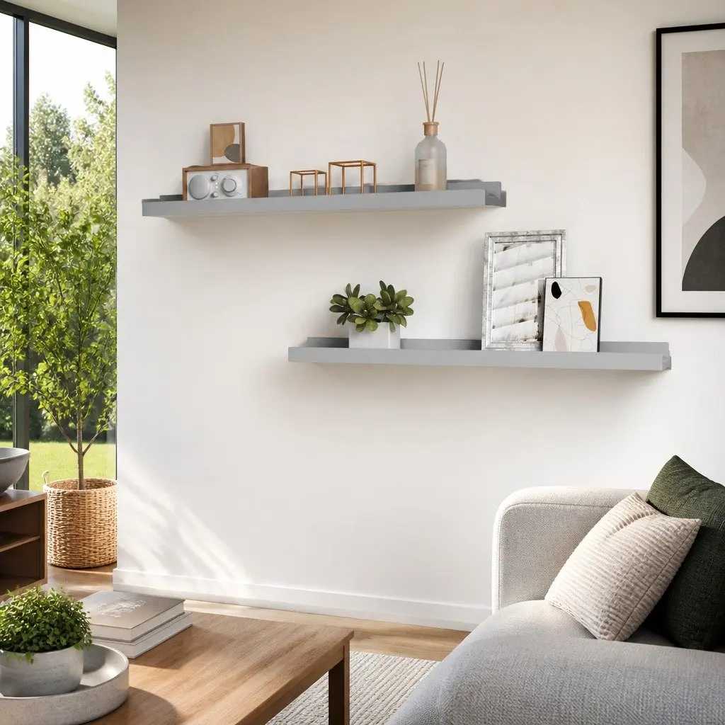 Picture Frame Ledge Shelves 2pcs Wall Mounted Display Shelf Grey 60x9x3cm MDF