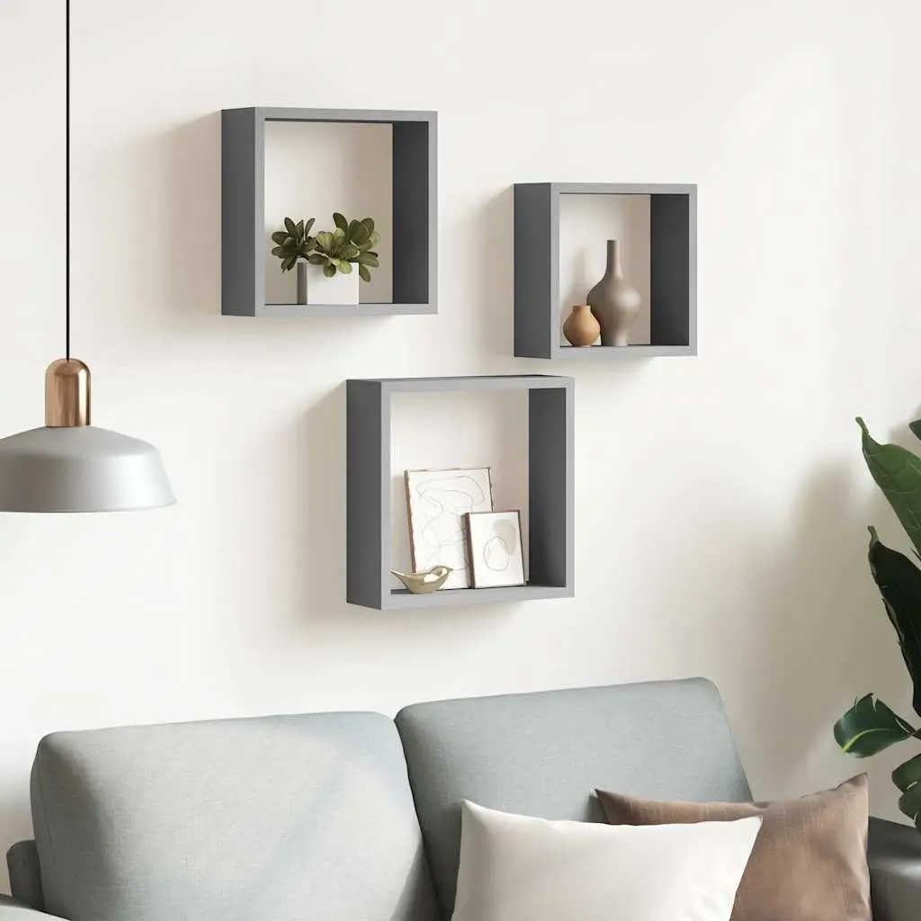 Wall Cube Shelves Storage Organiser 3 Pieces Grey Floating Corner Unit
