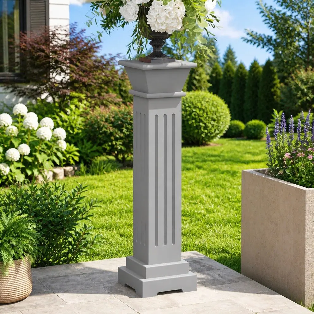 Grey Square Pillar Plant Stand Classic Design Patio Living Room Bedroom Display