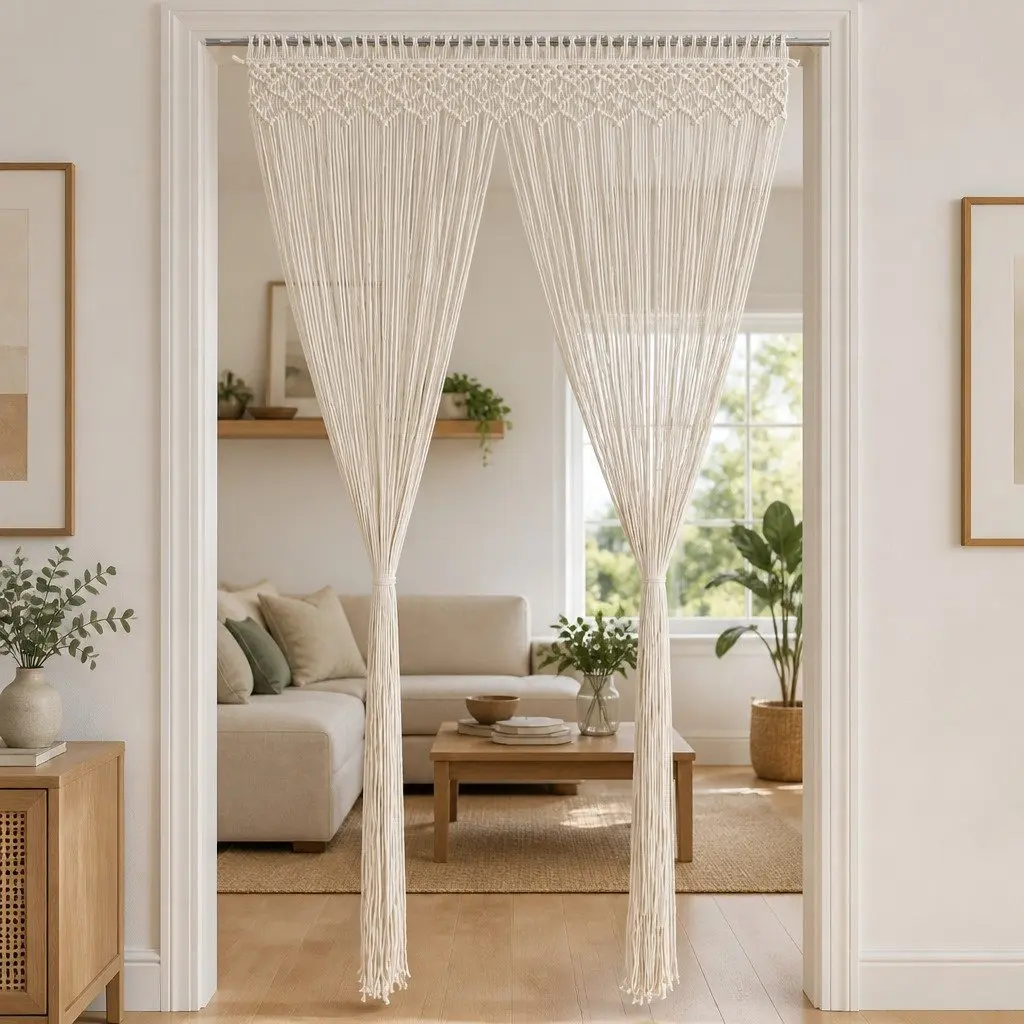 Macrame Curtain Door Window Room Divider 140x240 cm Cotton Cream