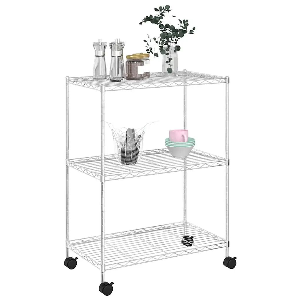 3-Tier Wire Storage Rack with Wheels Industrial Shelving Unit 60x35x81cm Silver