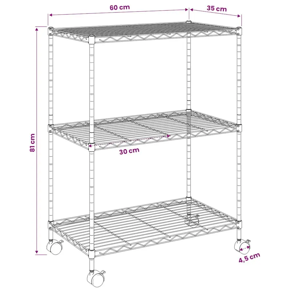 3-Tier Wire Storage Rack with Wheels Industrial Shelving Unit 60x35x81cm Silver