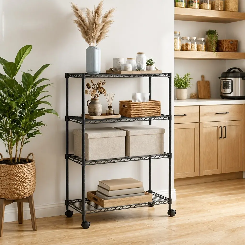 4-Tier Storage Shelf Heavy Duty Organizer with Wheels 90 x 35 x 142 cm Black