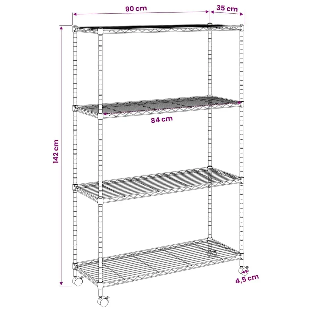 4-Tier Storage Shelf Heavy Duty Organizer with Wheels 90 x 35 x 142 cm Black