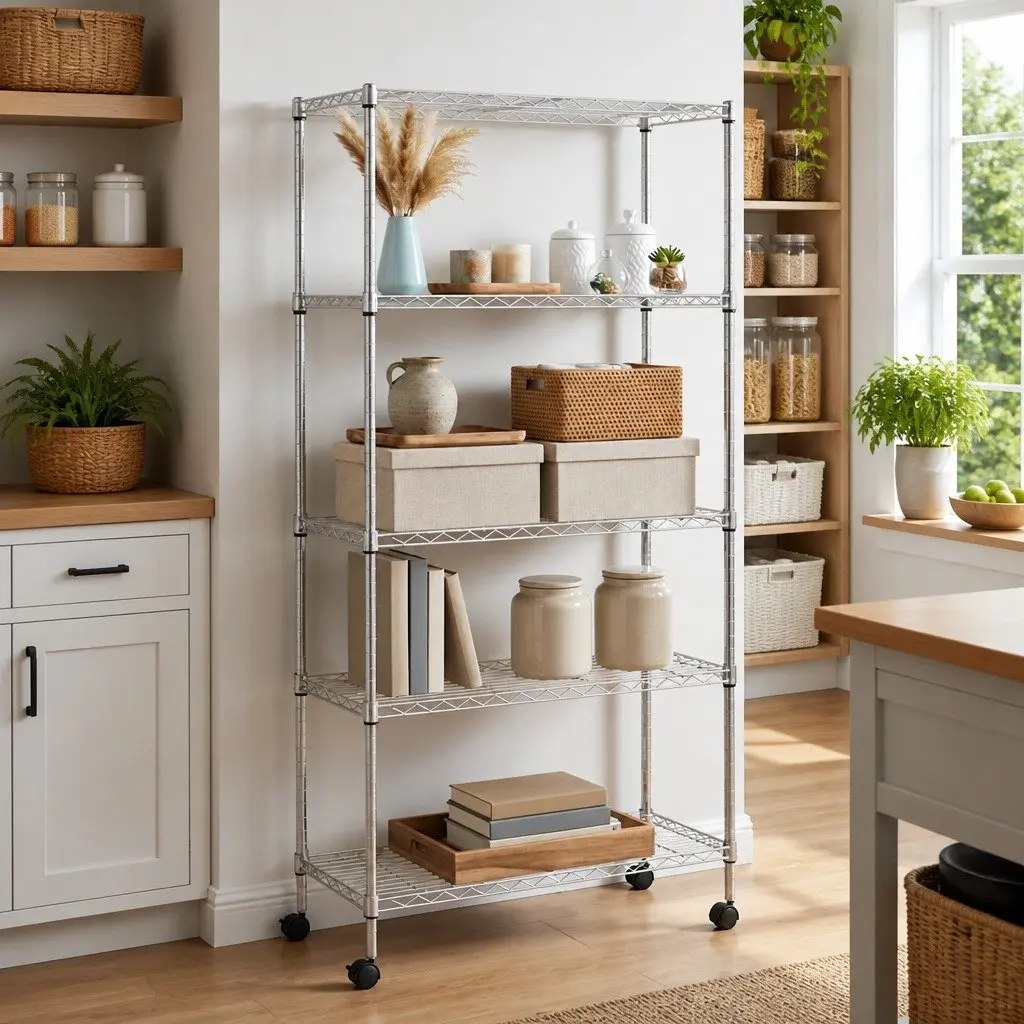 5-Tier Wire Storage Shelf on Wheels for Organization 75 x 35 x 155 cm Silver