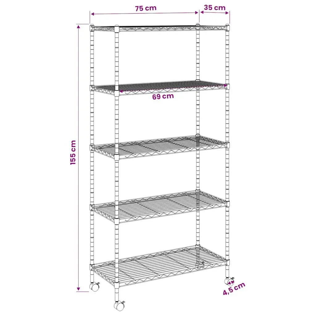 5-Tier Wire Storage Shelf on Wheels for Organization 75 x 35 x 155 cm Silver