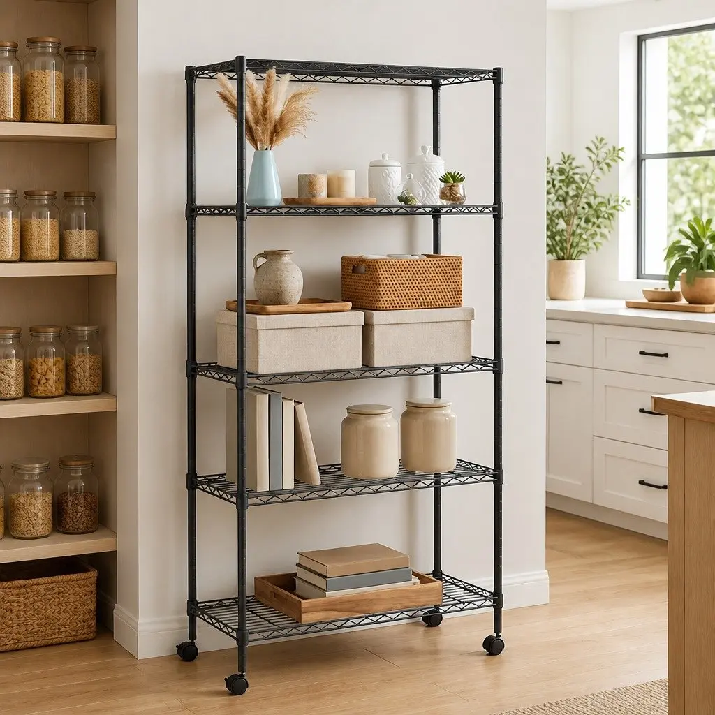 5-Tier Storage Shelf with Wheels Industrial 75x35x155cm Black
