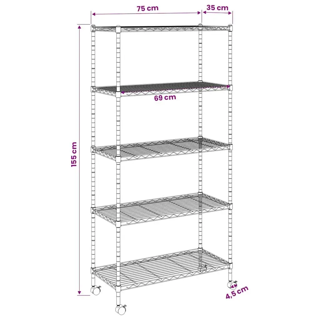 5-Tier Storage Shelf with Wheels Industrial 75x35x155cm Black