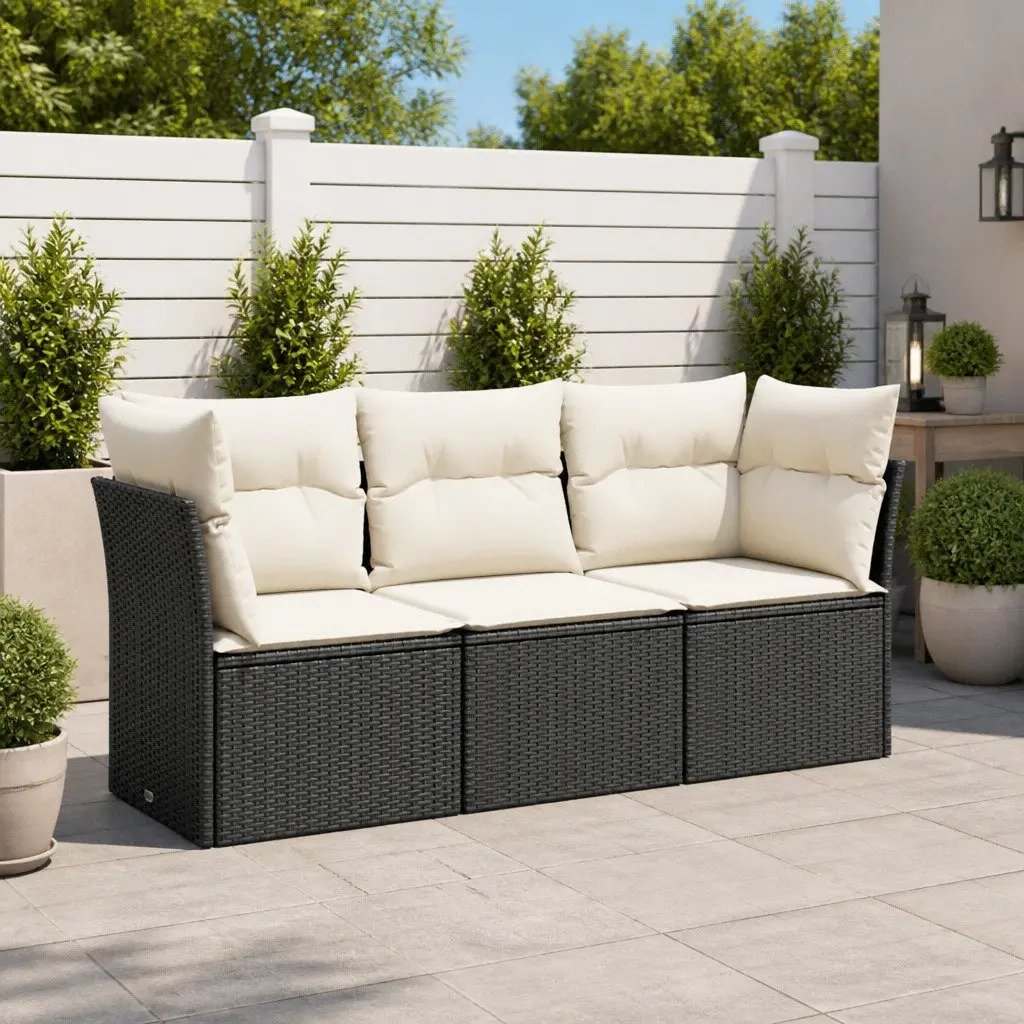 Garden Sofa Set 3 Piece Outdoor Furniture Black Poly Rattan Patio Seating with