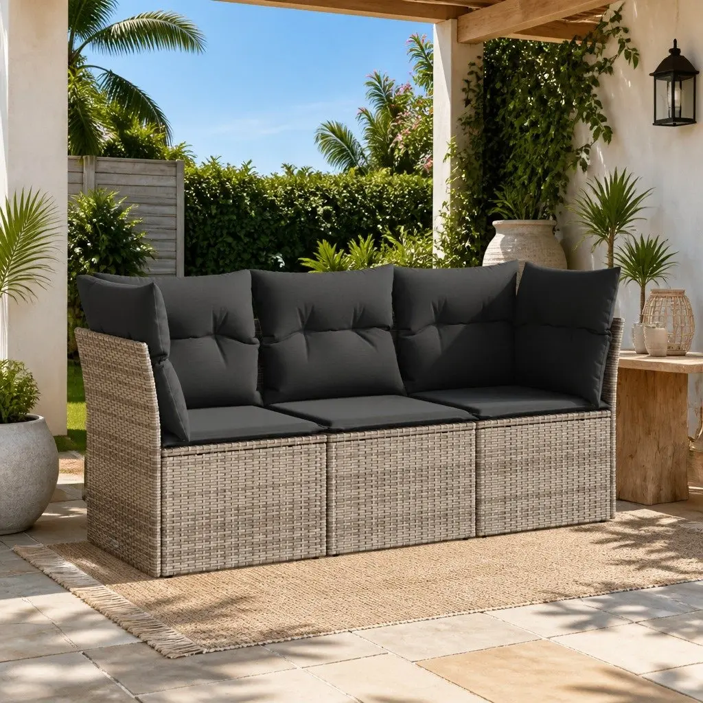 3 Piece Garden Sofa Set Modular Outdoor Furniture Grey PE Rattan with Storage Cushions