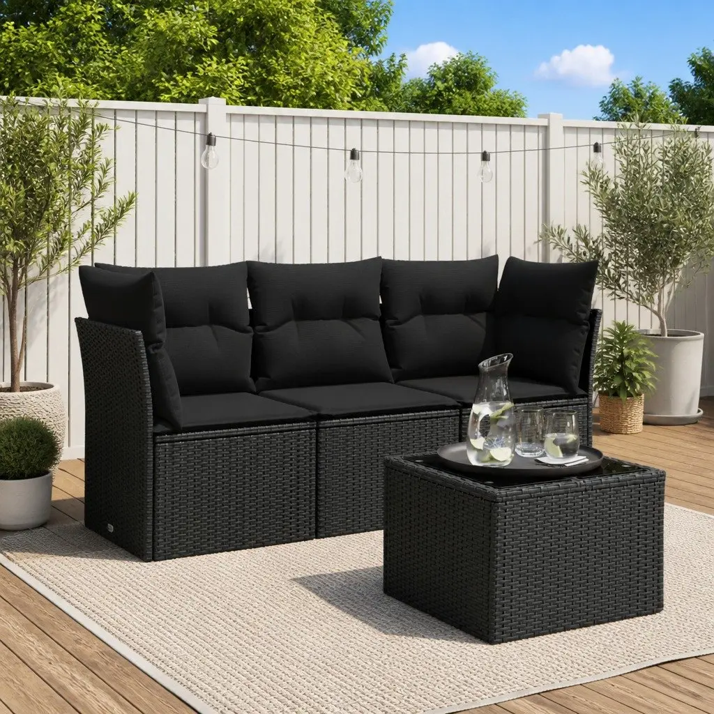 Garden Sofa Set 4 Piece Outdoor Patio Furniture Black Poly Rattan with Cushions