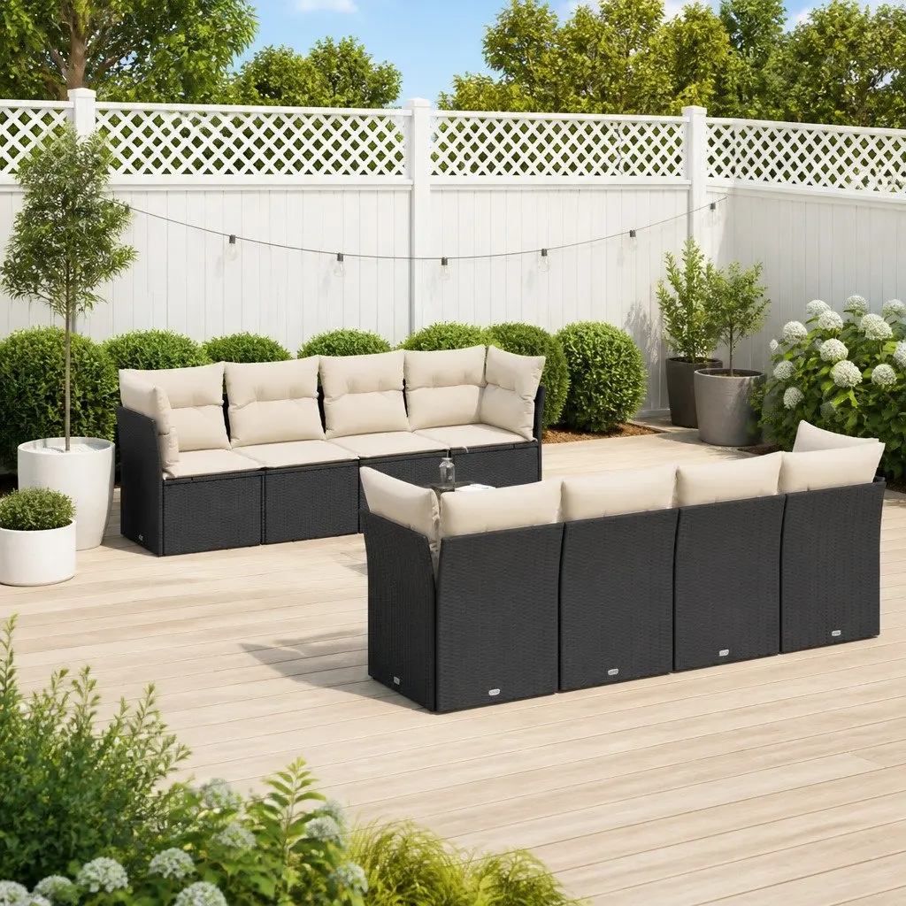 9 Piece Garden Sofa Set Outdoor Furniture Black Poly Rattan Cushions