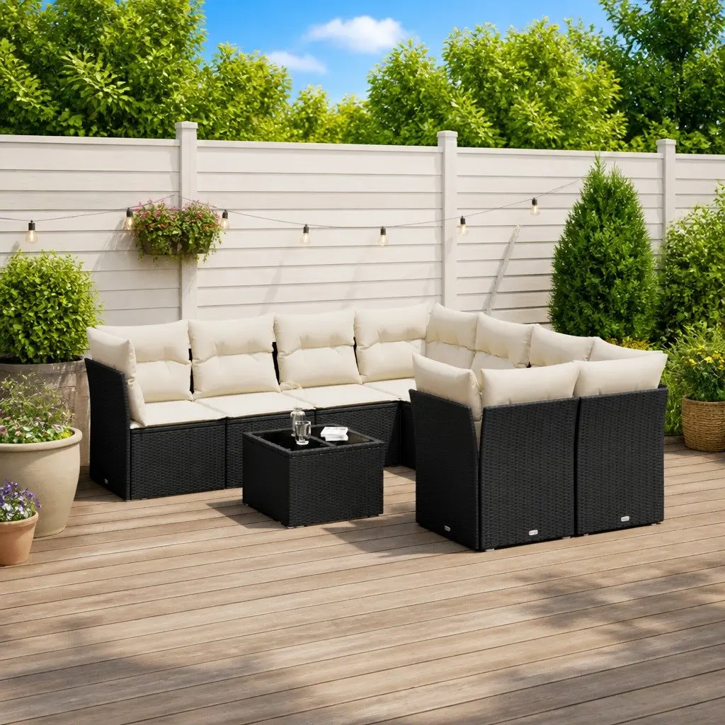 Outdoor Furniture Set 9 Piece Modular Garden Sofa Black PE Rattan with Storage