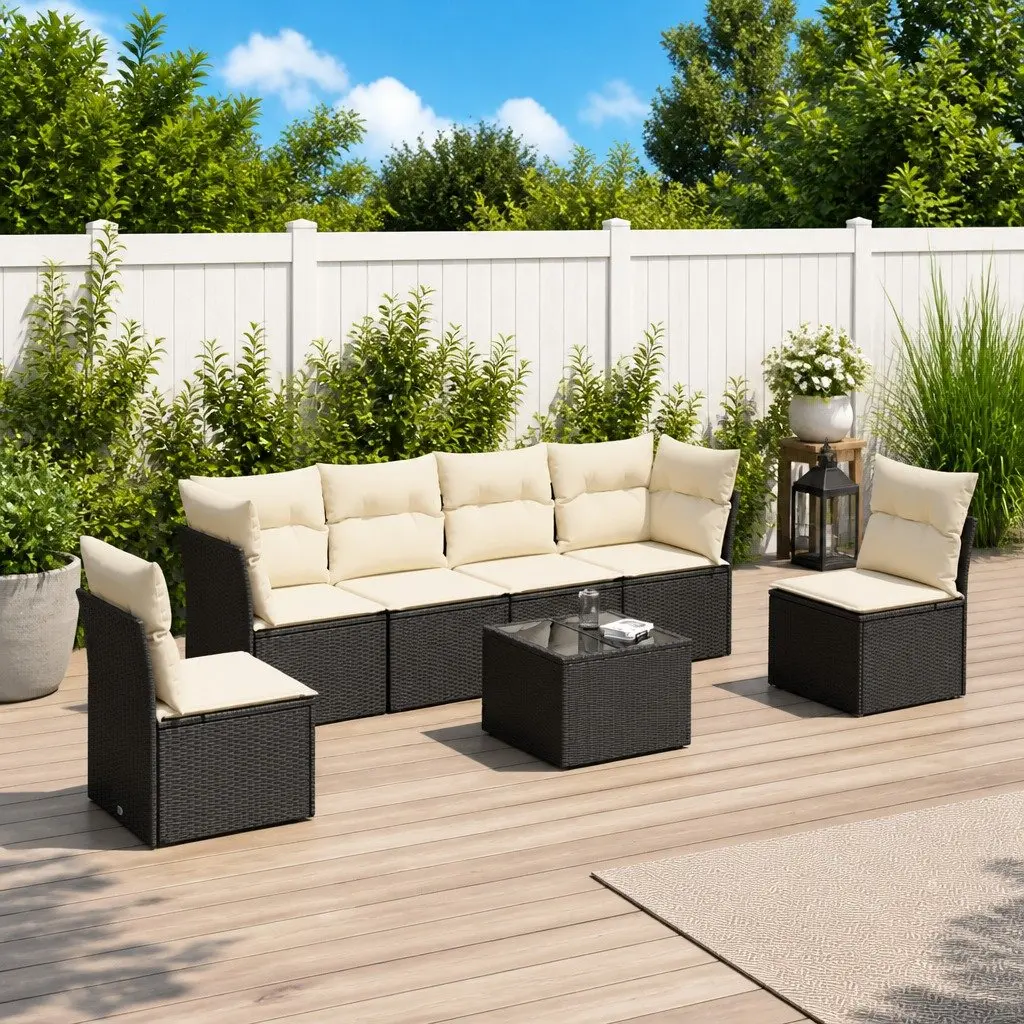7 Piece Outdoor Garden Sofa Set Storage Cushions Black Poly Rattan Patio