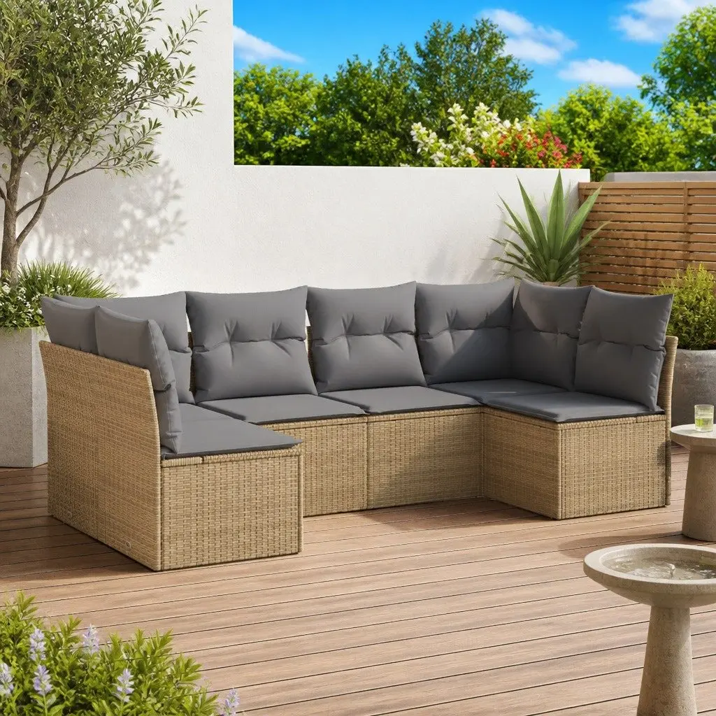 Outdoor Garden Sofa Set 6 Piece Beige Poly Rattan Patio Furniture